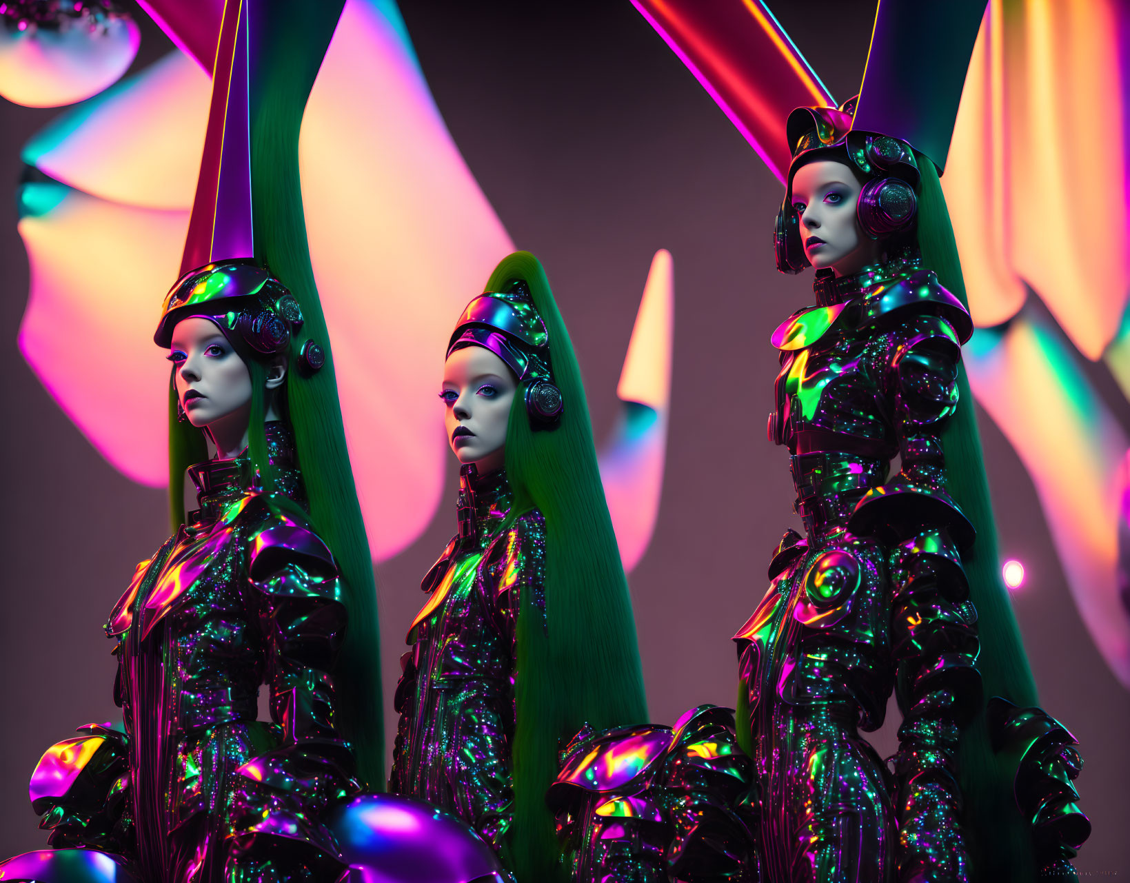 Futuristic mannequins with green hair in metallic armor against abstract backdrop