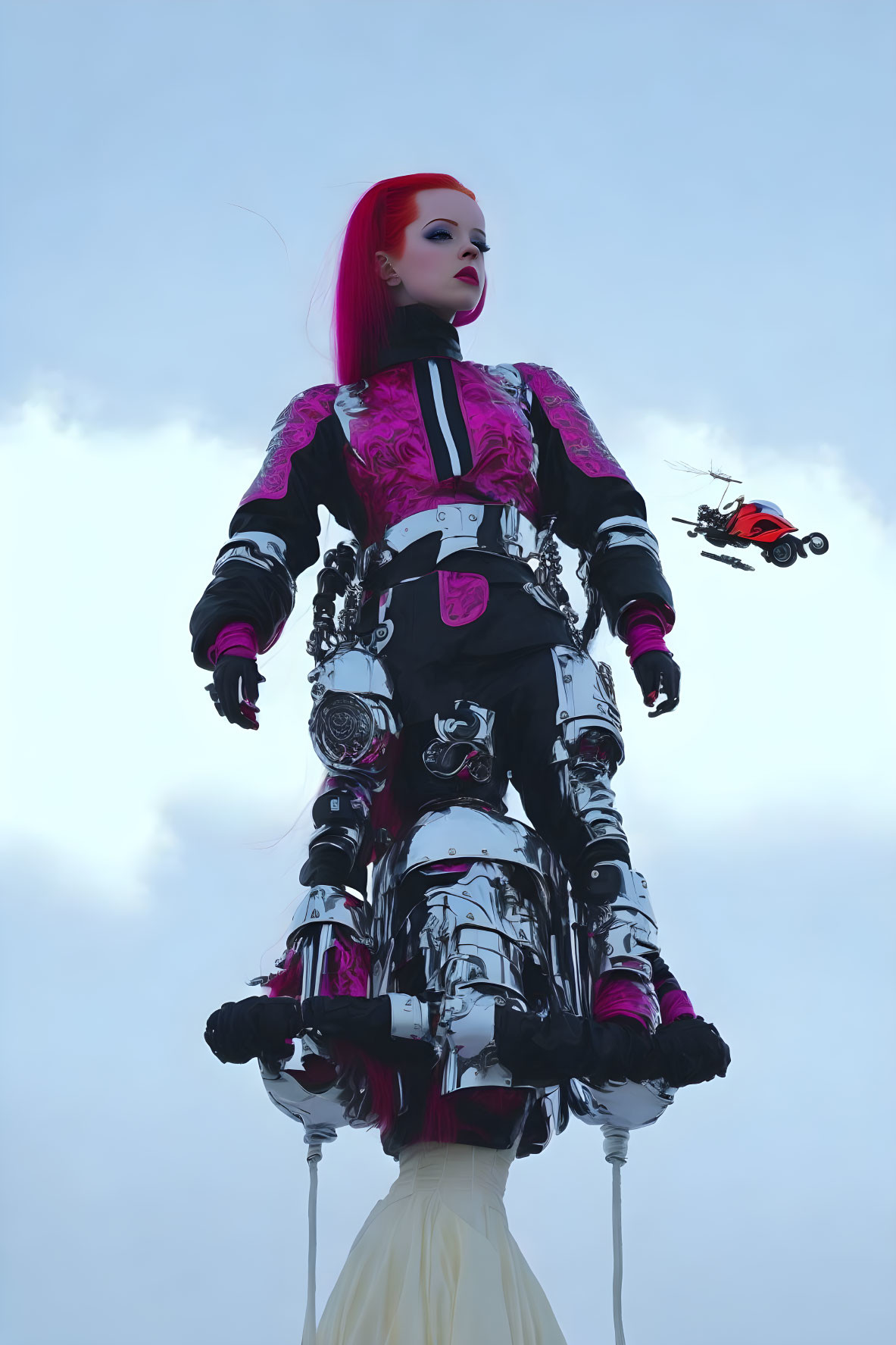 Vibrant red-haired person in dark makeup and metallic armor against sky with drone.