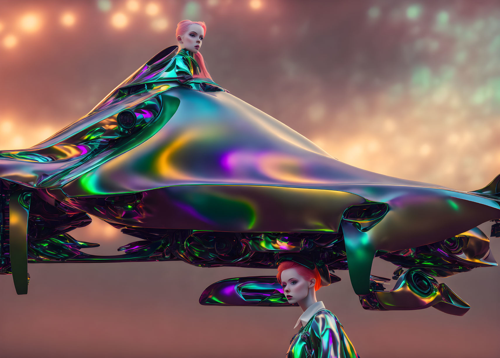 Futuristic humanoid figures in iridescent clothing emerging from metallic structure