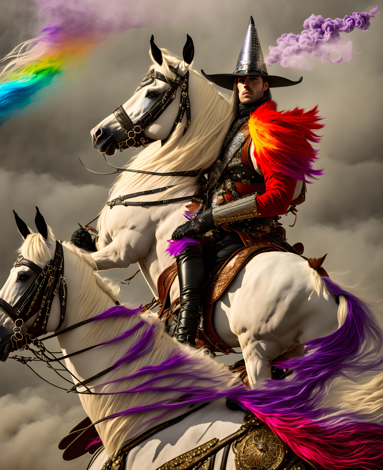 Medieval knight in armor riding white horse under dramatic sky