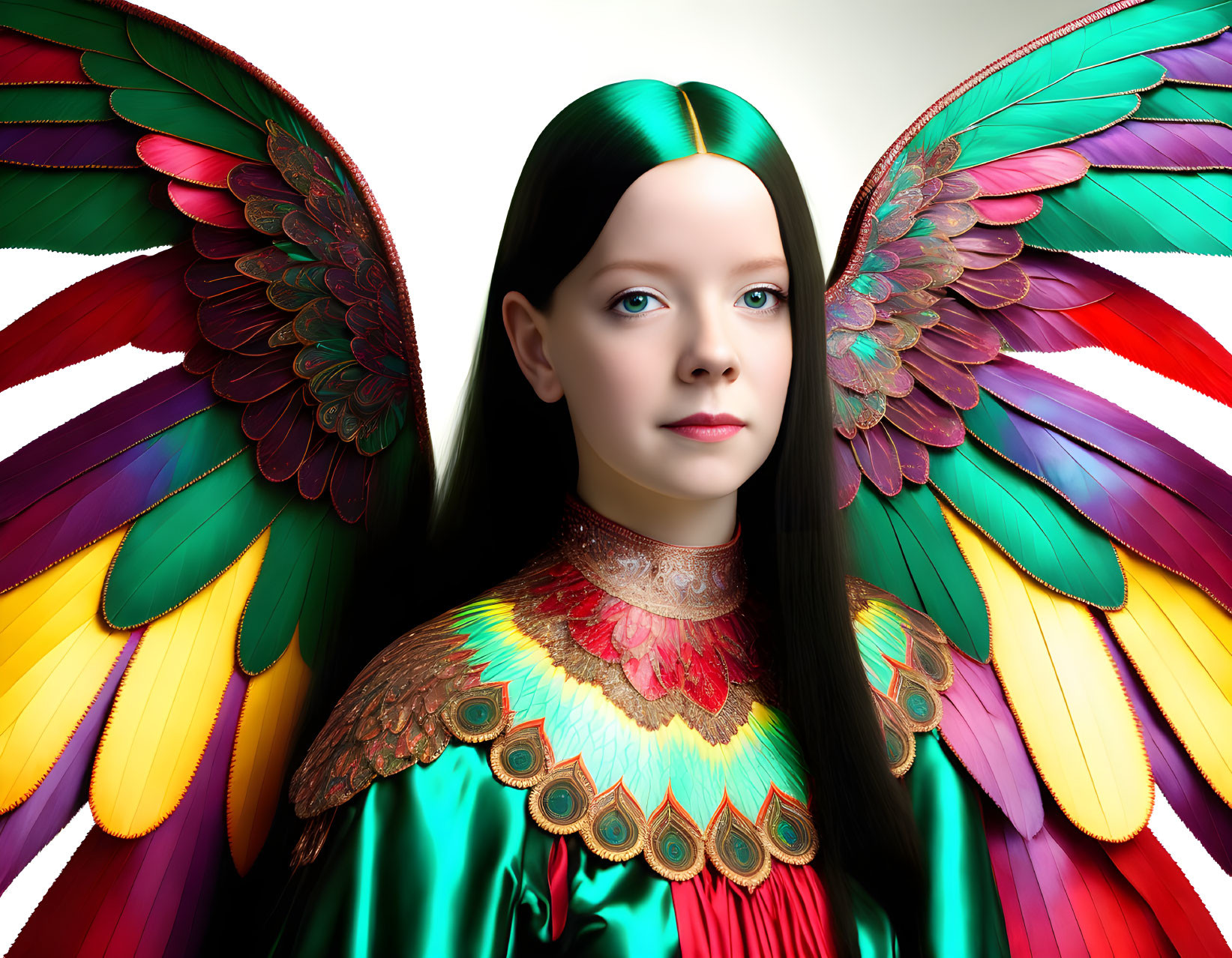 Vivid multicolored bird wings on a young girl in digital art