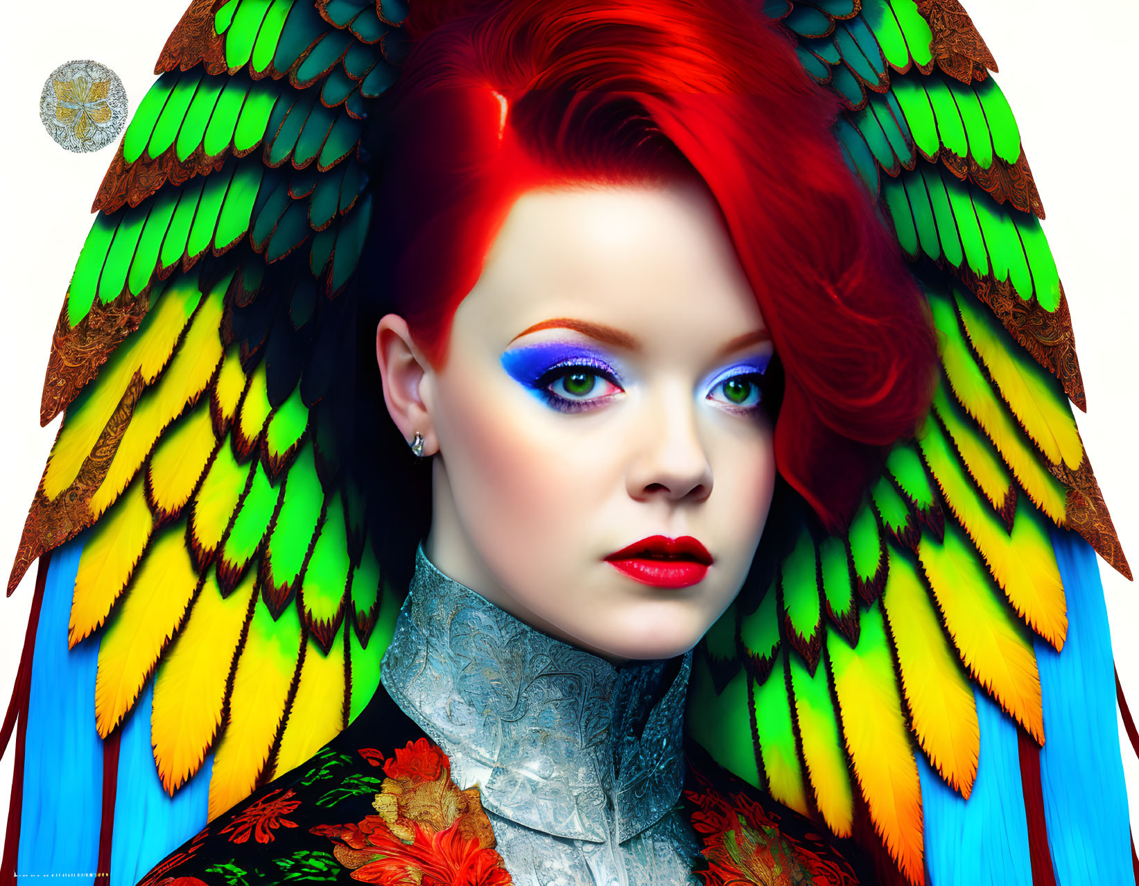 Woman with vibrant bird-like hair wings and intricate tattoos.