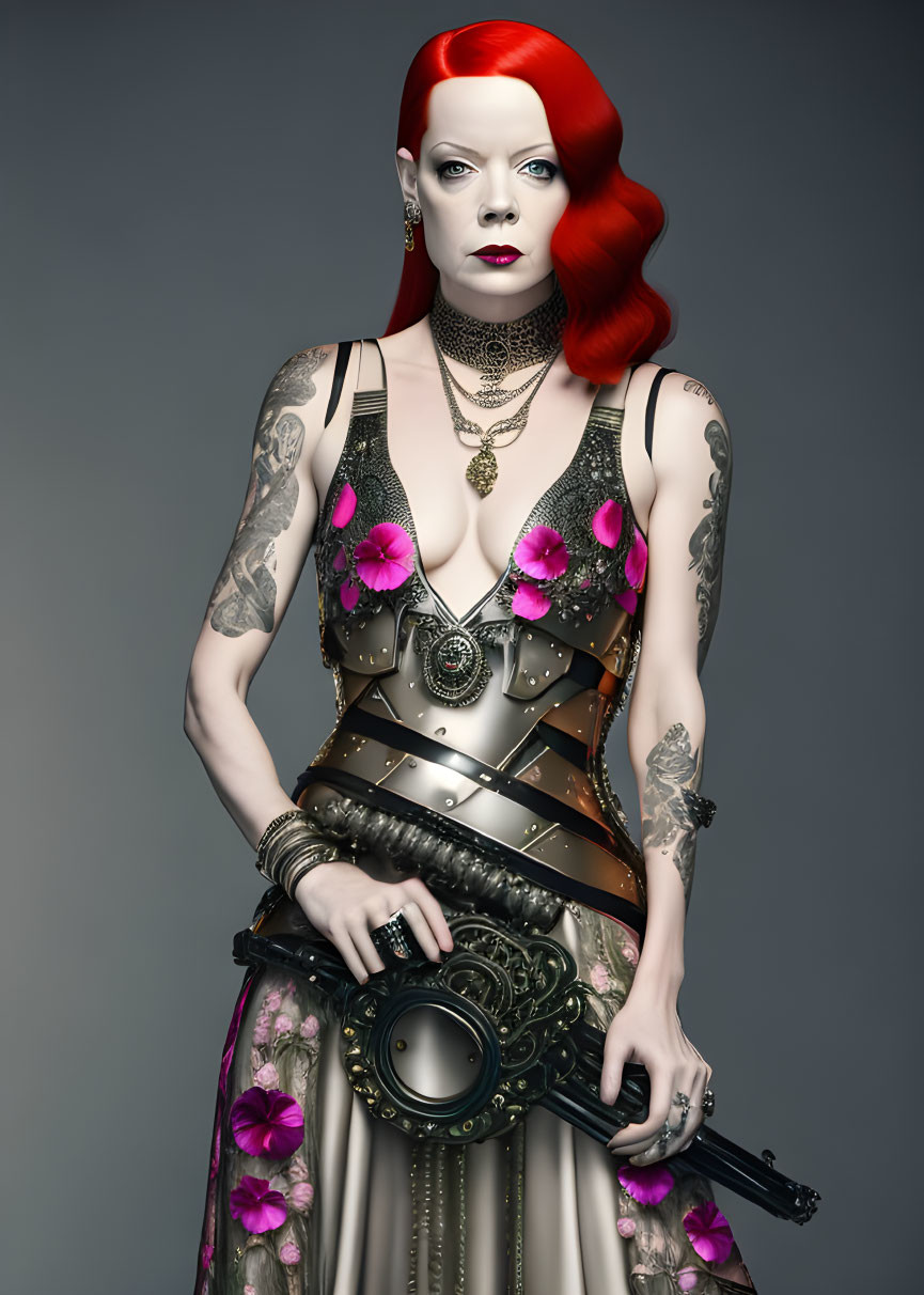 Red-haired woman in steampunk corset with tattoos and fantasy gun