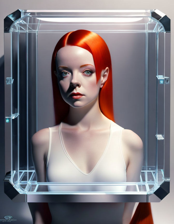 Digital Art: Woman with Red Hair in Futuristic Glass Container