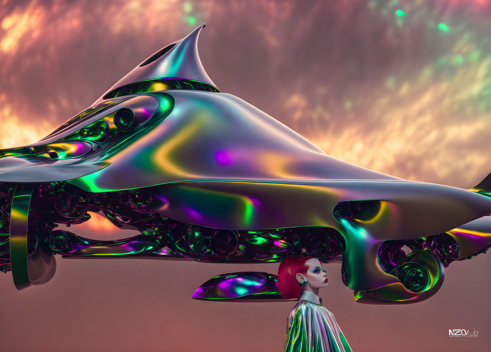 Futuristic iridescent vehicle with woman under vivid sunset sky