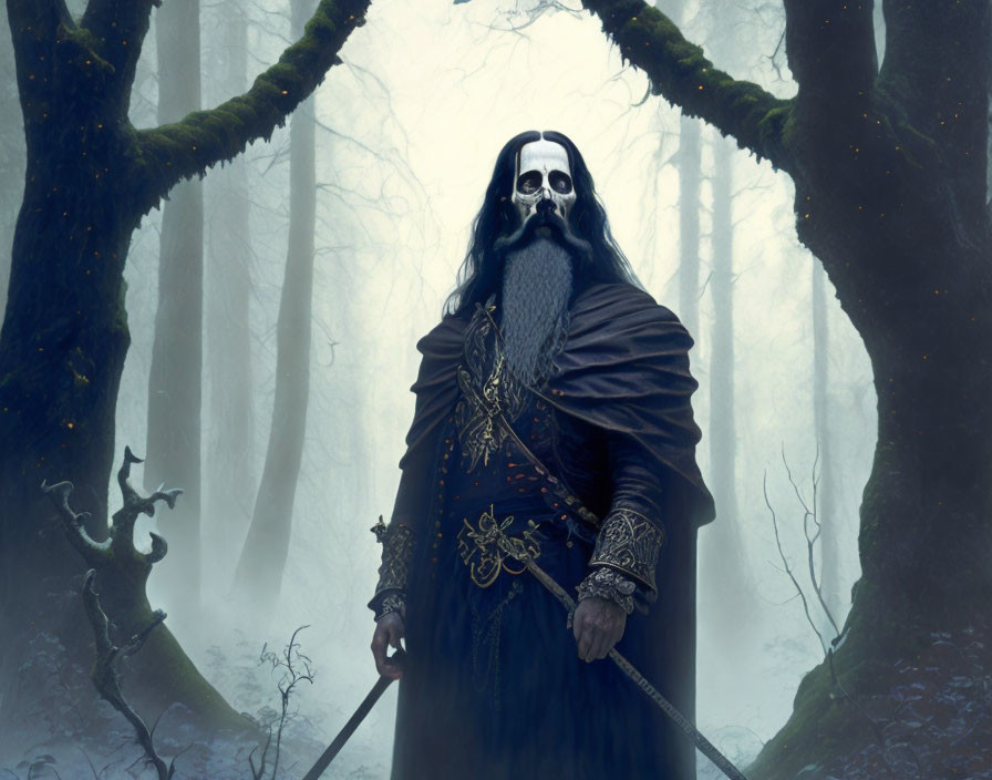 Medieval figure in skull mask wields sword in mystical forest