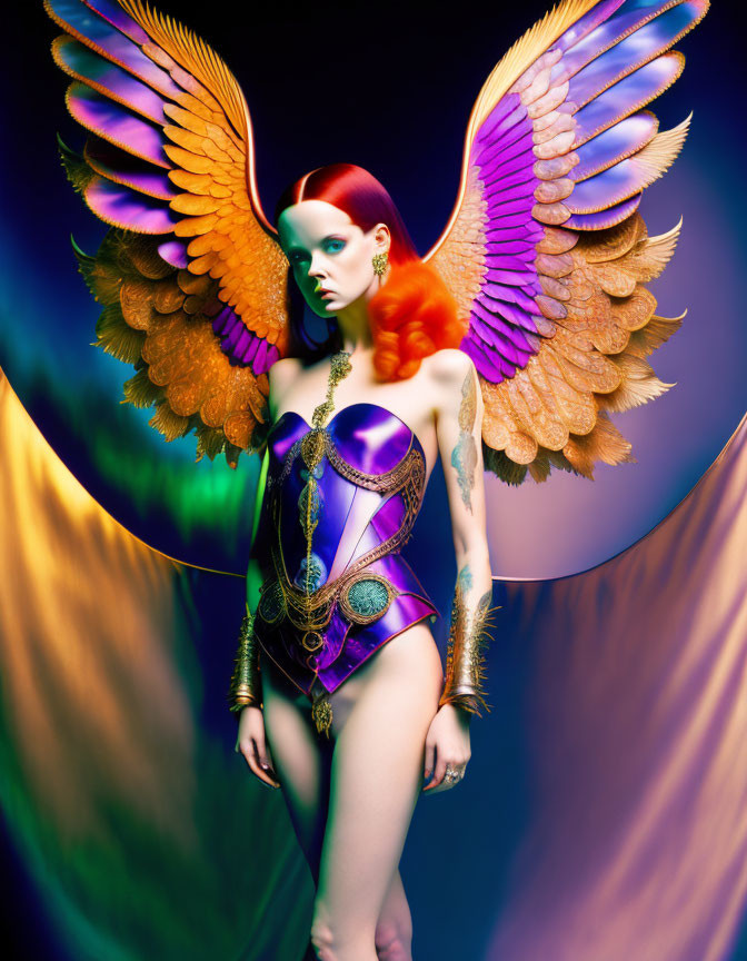 Fantasy costume model with golden wings and vibrant makeup