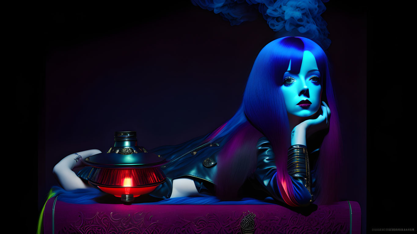 Blue-haired woman reclines next to ornate lamp in dark setting