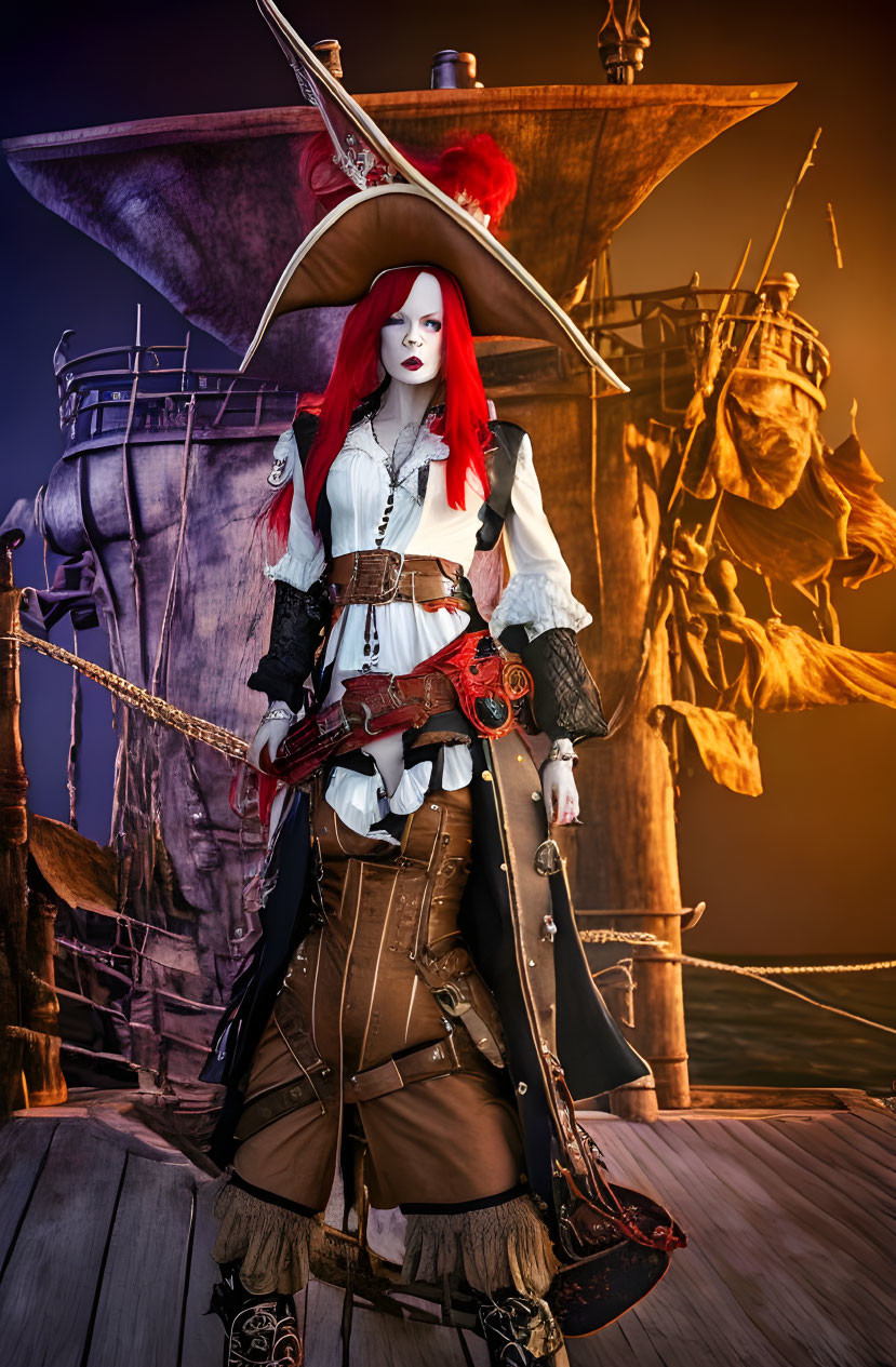 Red-haired woman in pirate costume on ship deck at twilight