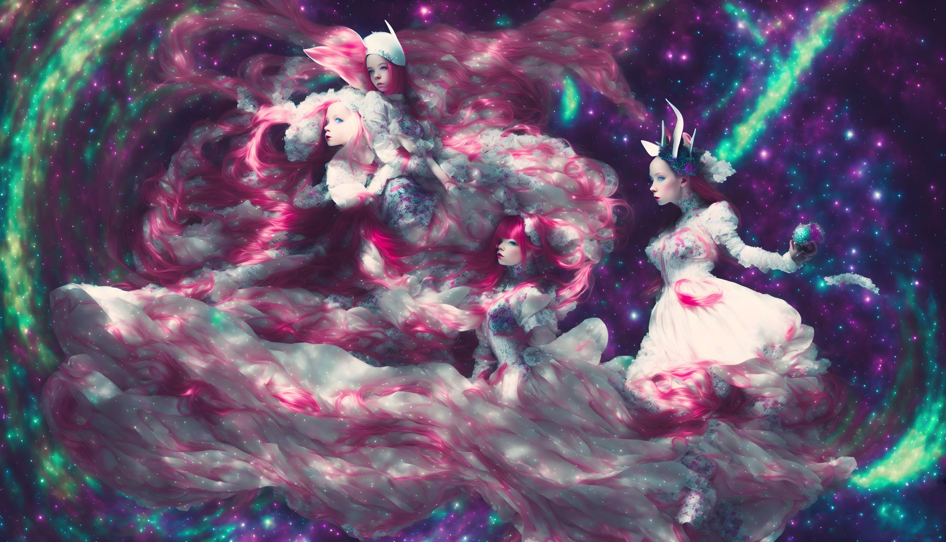 Ethereal beings with ornate headdresses in vibrant cosmic clouds