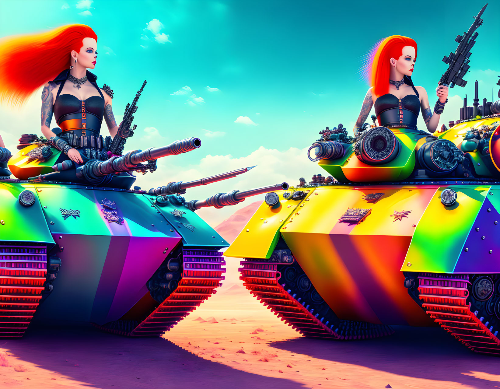 Two women with red mohawks in combat outfits on vibrant tanks under a blue sky