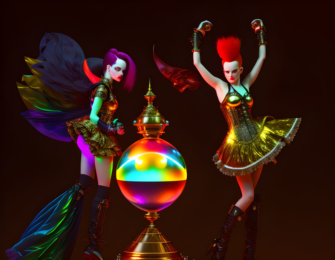 Colorful punk-styled female characters with exaggerated makeup posing beside a mirrored orb.