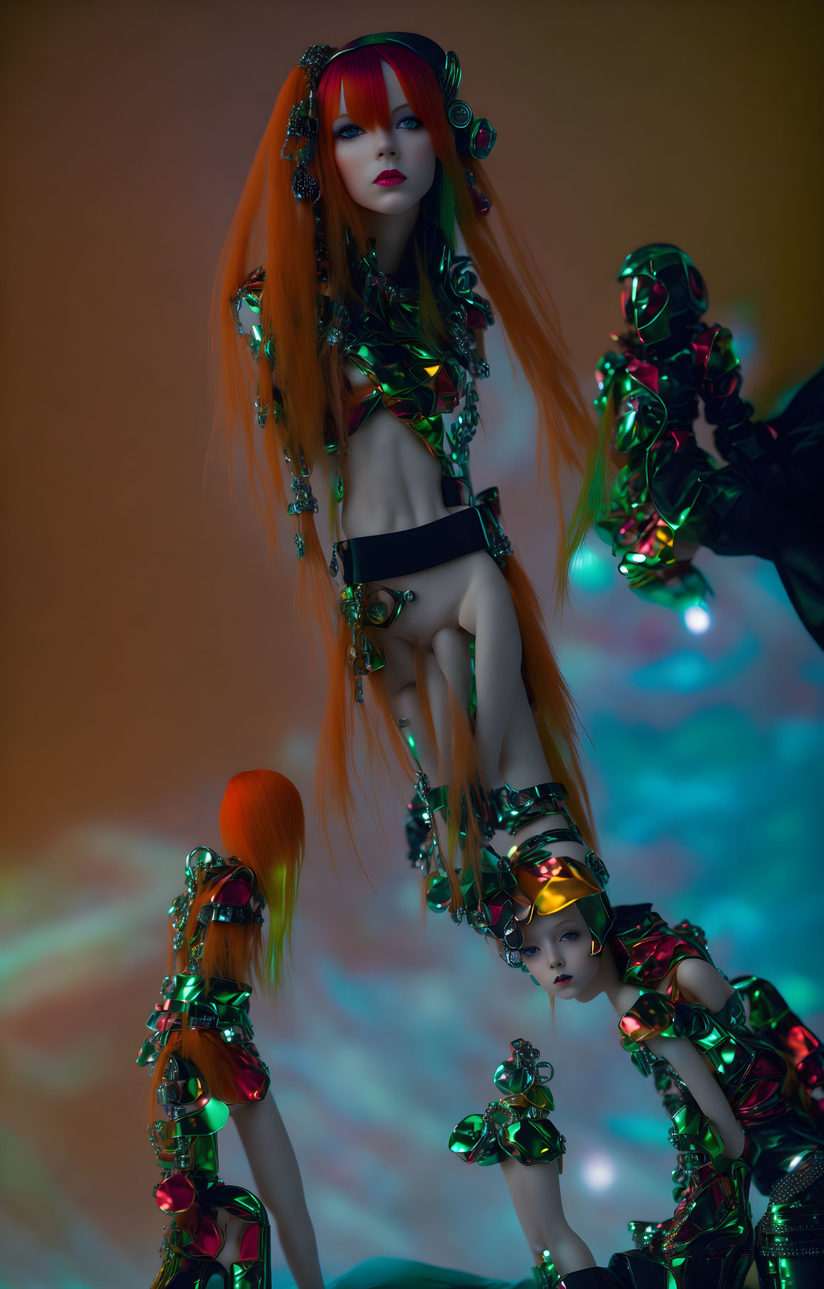 Futuristic models with metallic accents and orange hair in robotic-themed fashion.