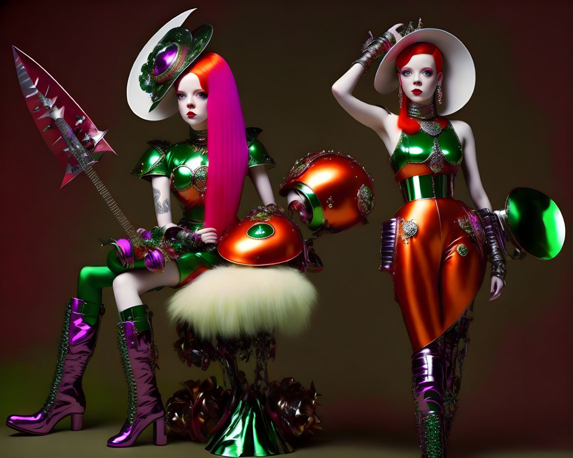 Vibrant futuristic female models in green metallic outfits with eccentric accessories and weapons on maroon backdrop