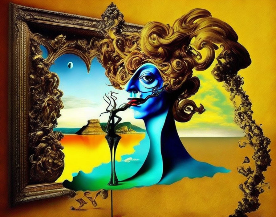 Surreal artwork featuring woman's face with landscapes and wine glass