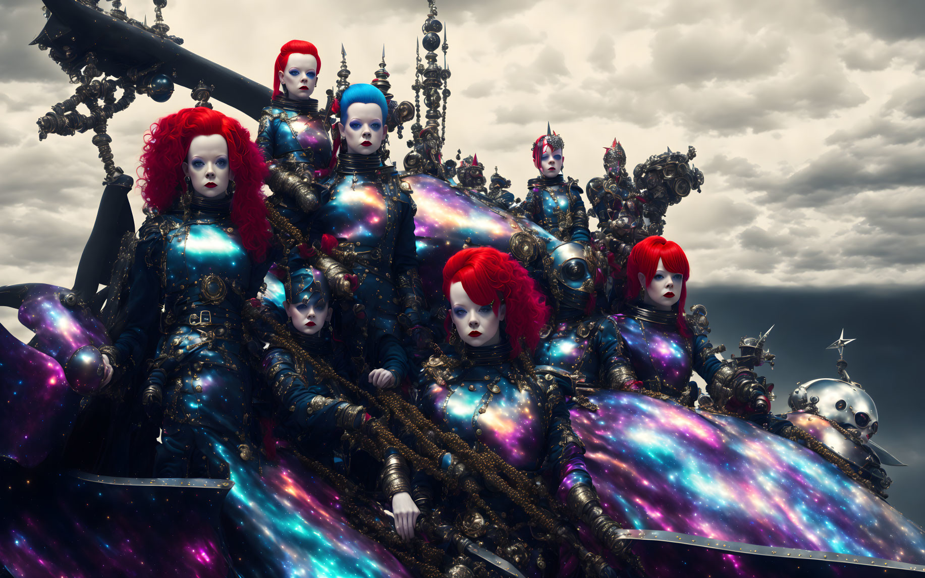 Androgynous figures with red hair and cosmic costumes against stormy sky