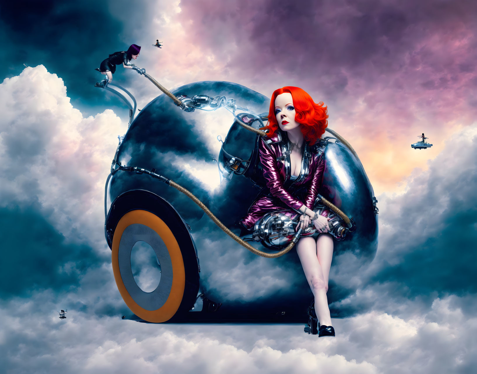 Surreal image: Woman with red hair on chrome structure in cloudy sky