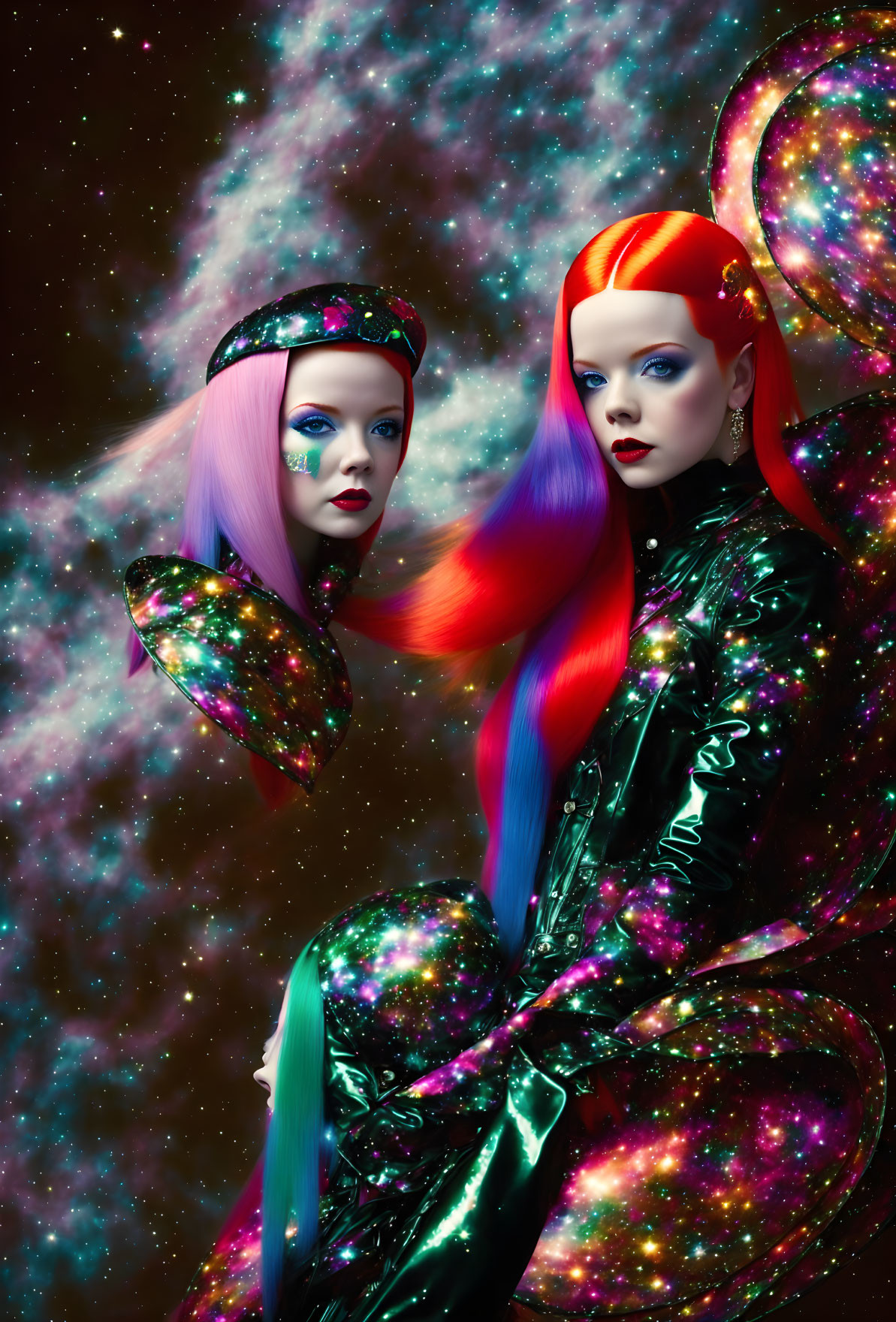 Two women with vibrant, multicolored hair and cosmic-themed makeup in shiny metallic outfits against a star