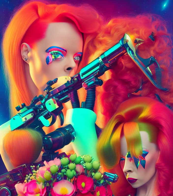 Stylized female figures with vibrant makeup and colorful hair in neon-lit setting