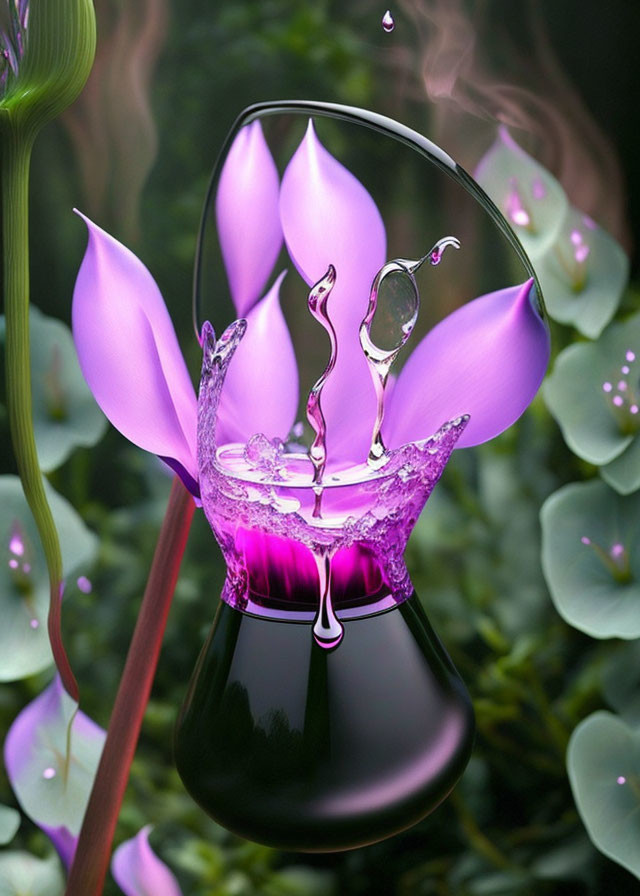 Violet liquid splash with dancing figure in green backdrop