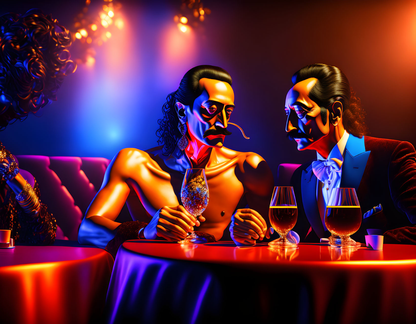 Stylized figures with face paint in vibrant bar setting