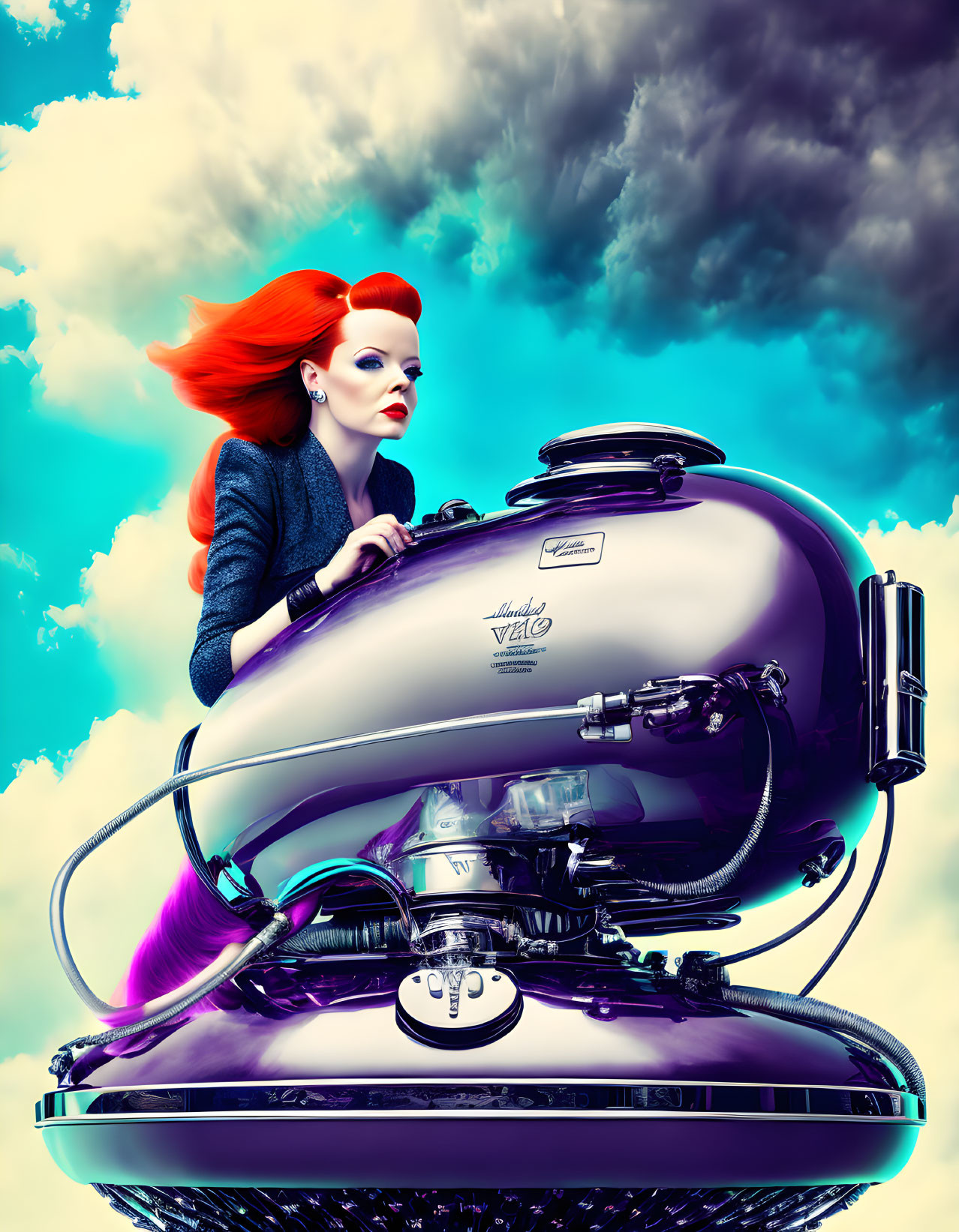 Vibrant red-haired woman on futuristic chrome motorcycle under dramatic sky