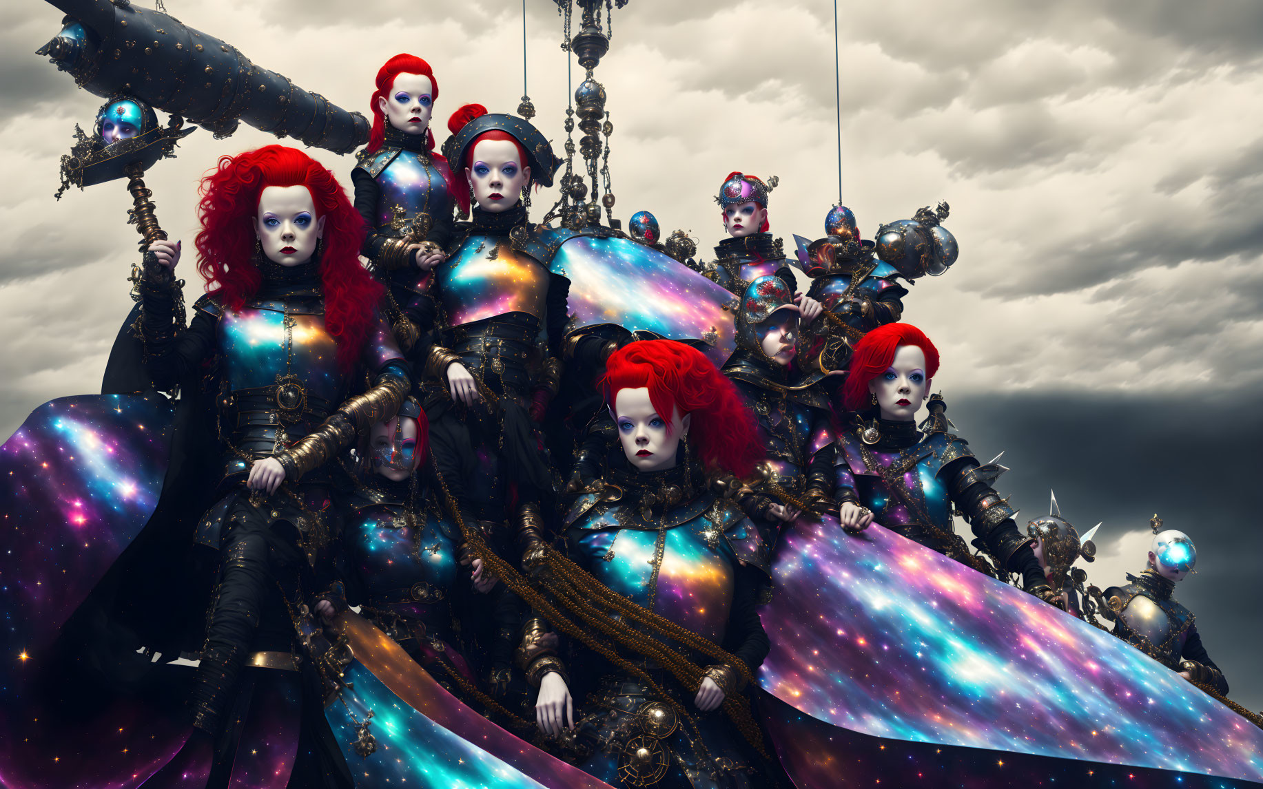 Group of people in cosmic-themed costumes with red wigs and white faces against stormy sky.