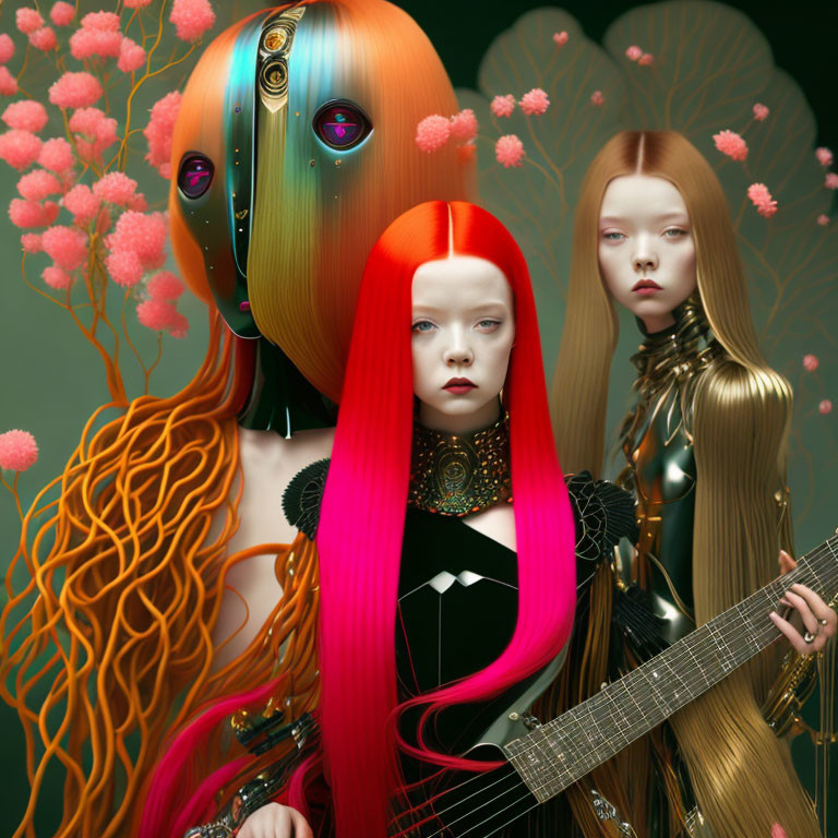 Colorful futuristic women with unique hair and clothing in front of floral backdrop, one holding guitar