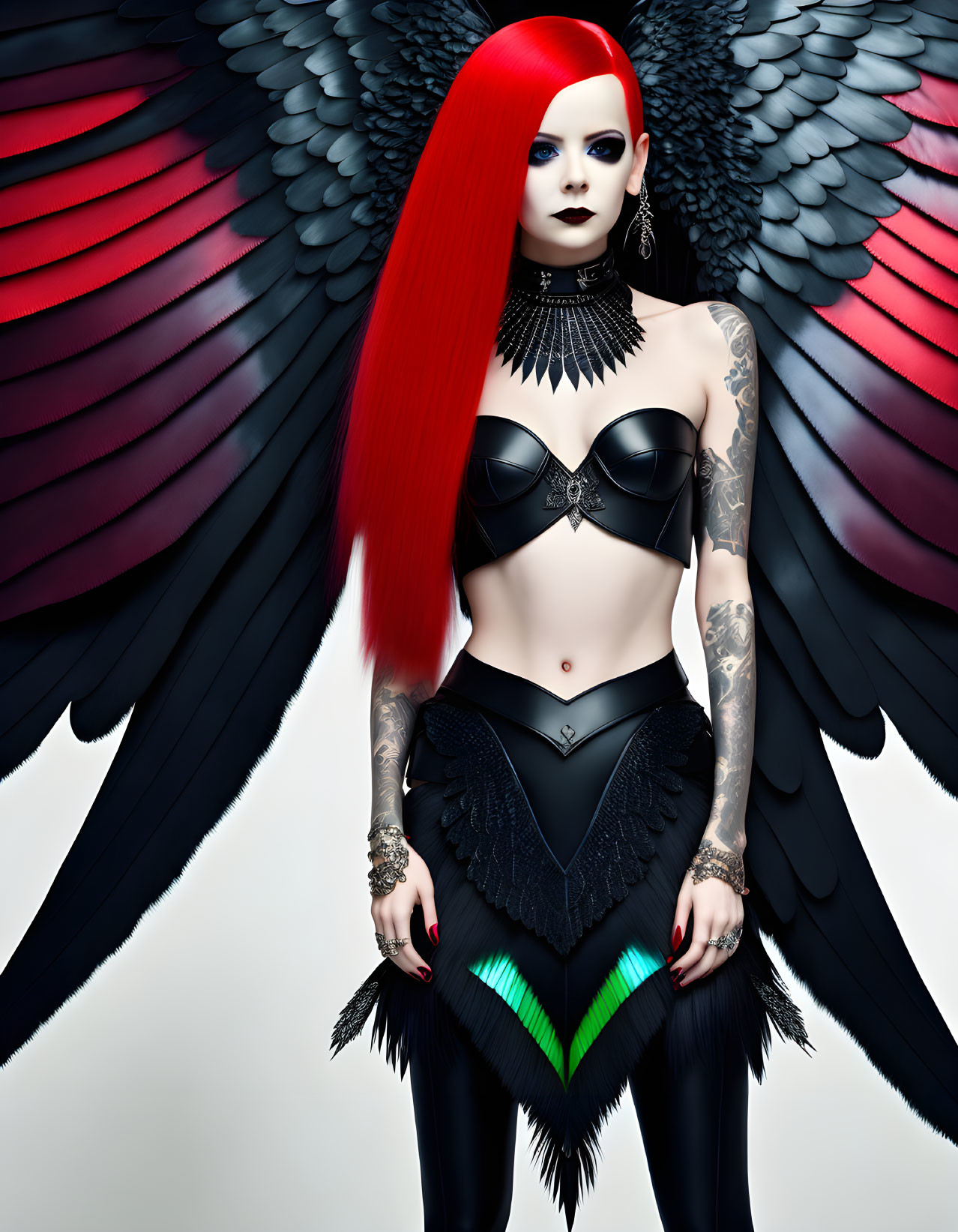 Red-haired woman with black angel wings in 3D illustration
