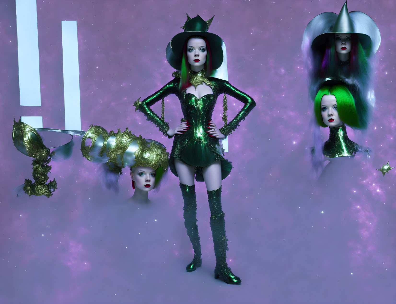 Surreal artwork: Woman in green bodysuit with floating heads on starry purple background