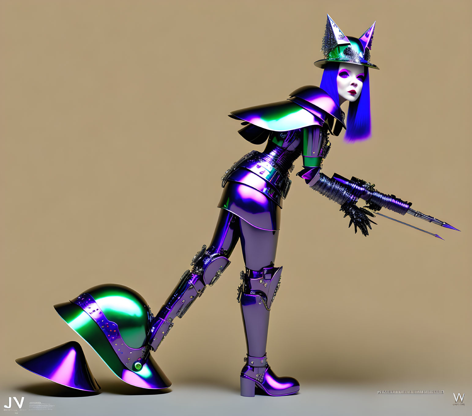 Purple-haired robotic witch in metallic attire with pointed hat and broom device on tan backdrop