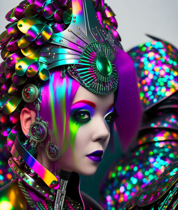 Vibrant Purple Hair Woman in Iridescent Armor with Futuristic Designs