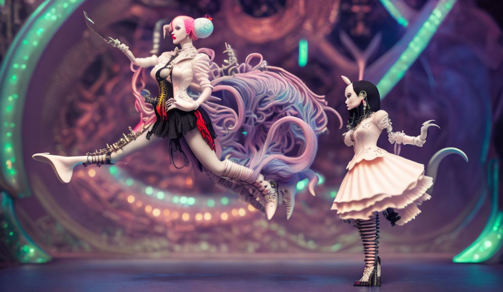 Stylized female figurines with elaborate hairstyles and fantastical outfits in mystical setting