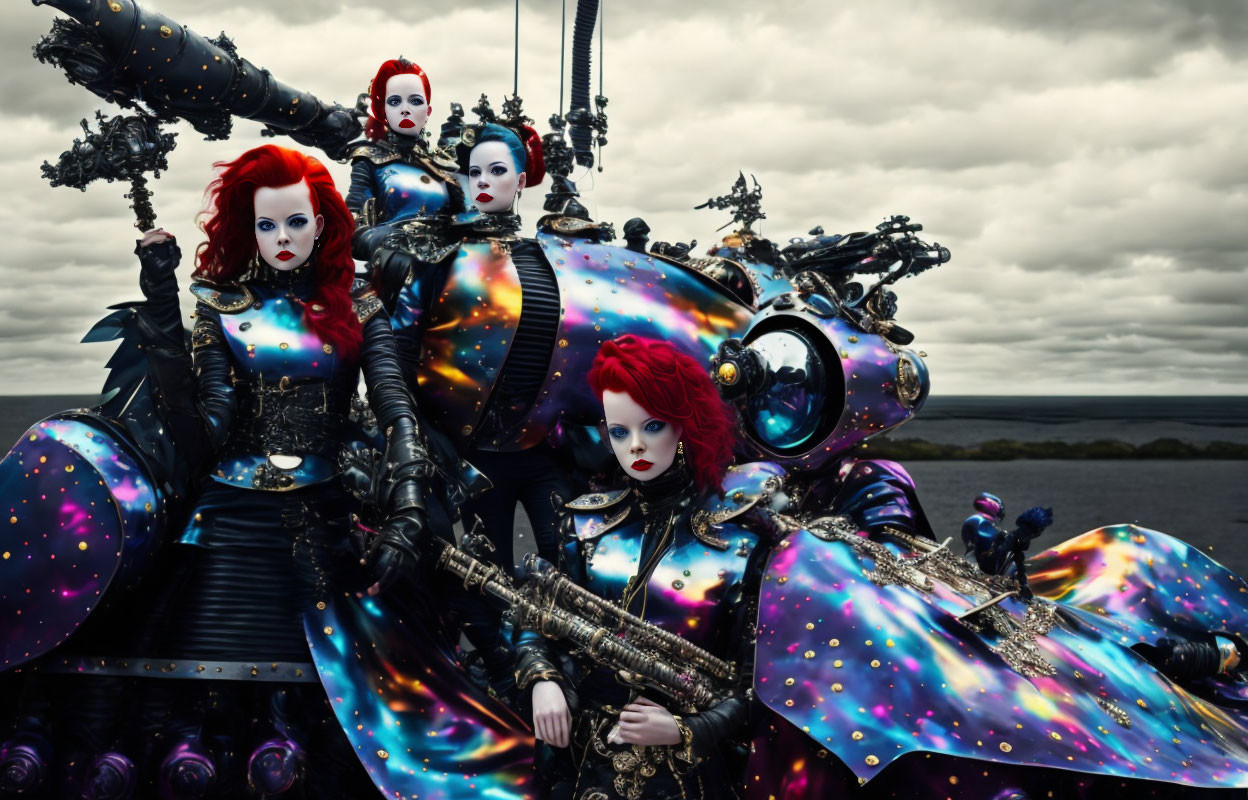 Three individuals in cosmic-themed armor with starry patterns and red hair against cloudy sky