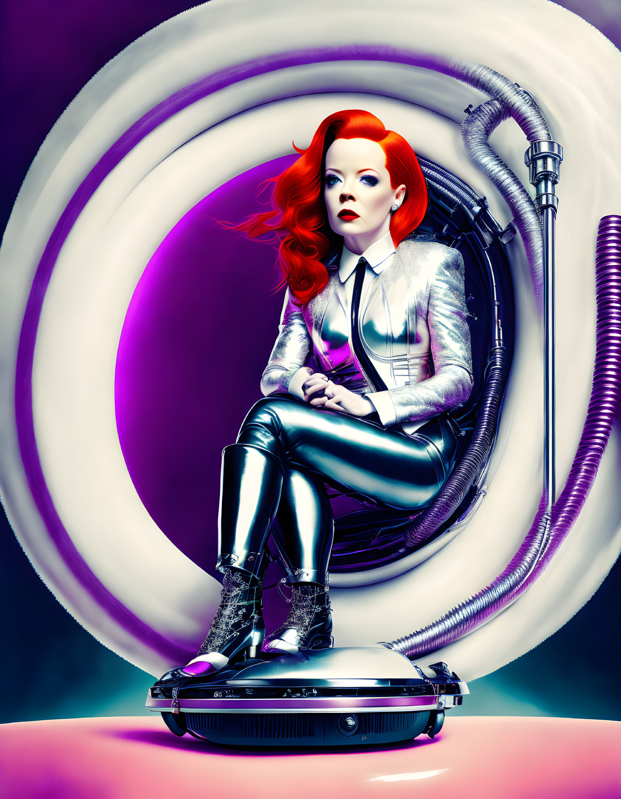 Vibrant Red-Haired Woman in Futuristic Silver Jumpsuit on Circular Chair