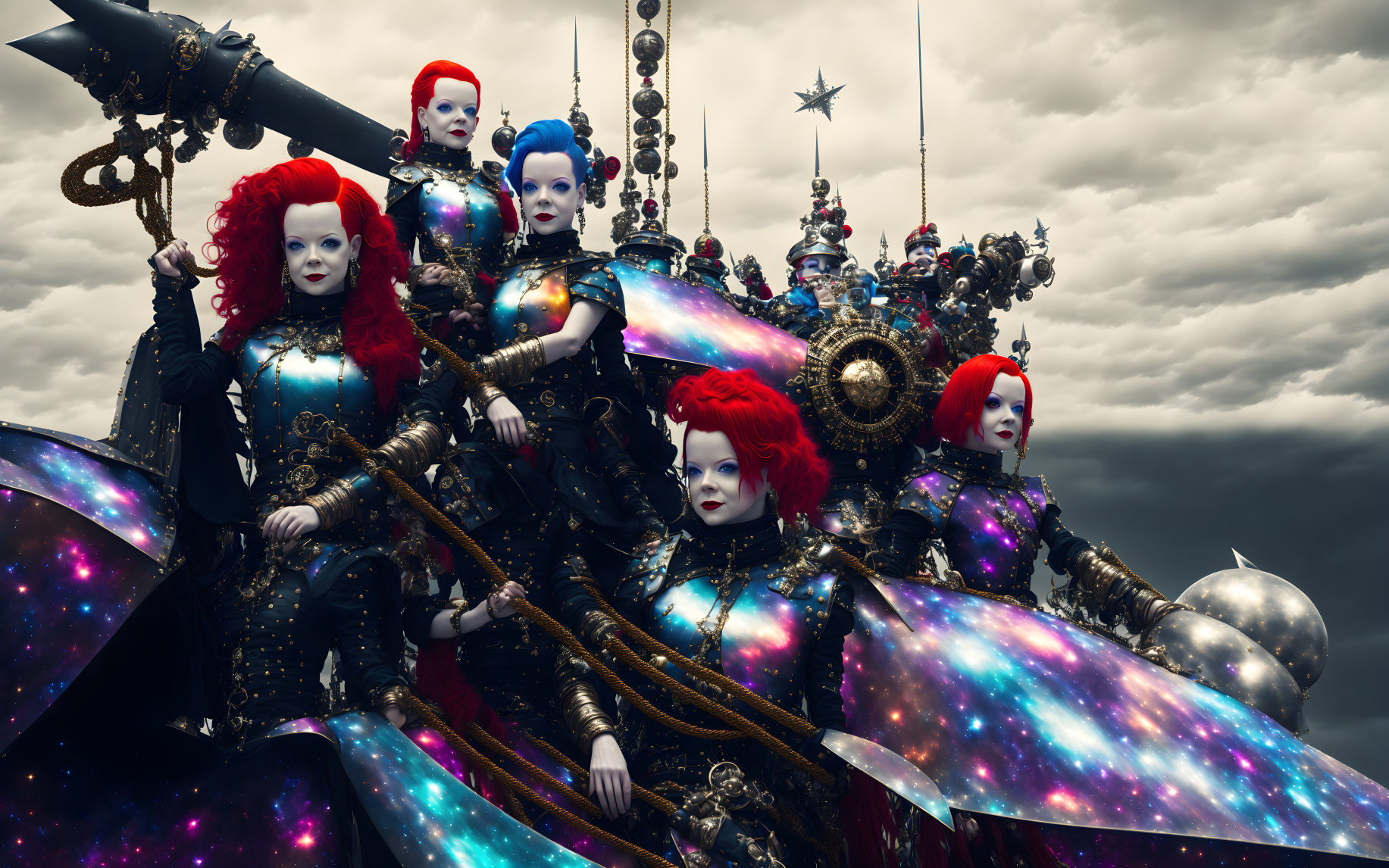 People with Red and Blue Hairstyles in Cosmic Armor under Cloudy Sky