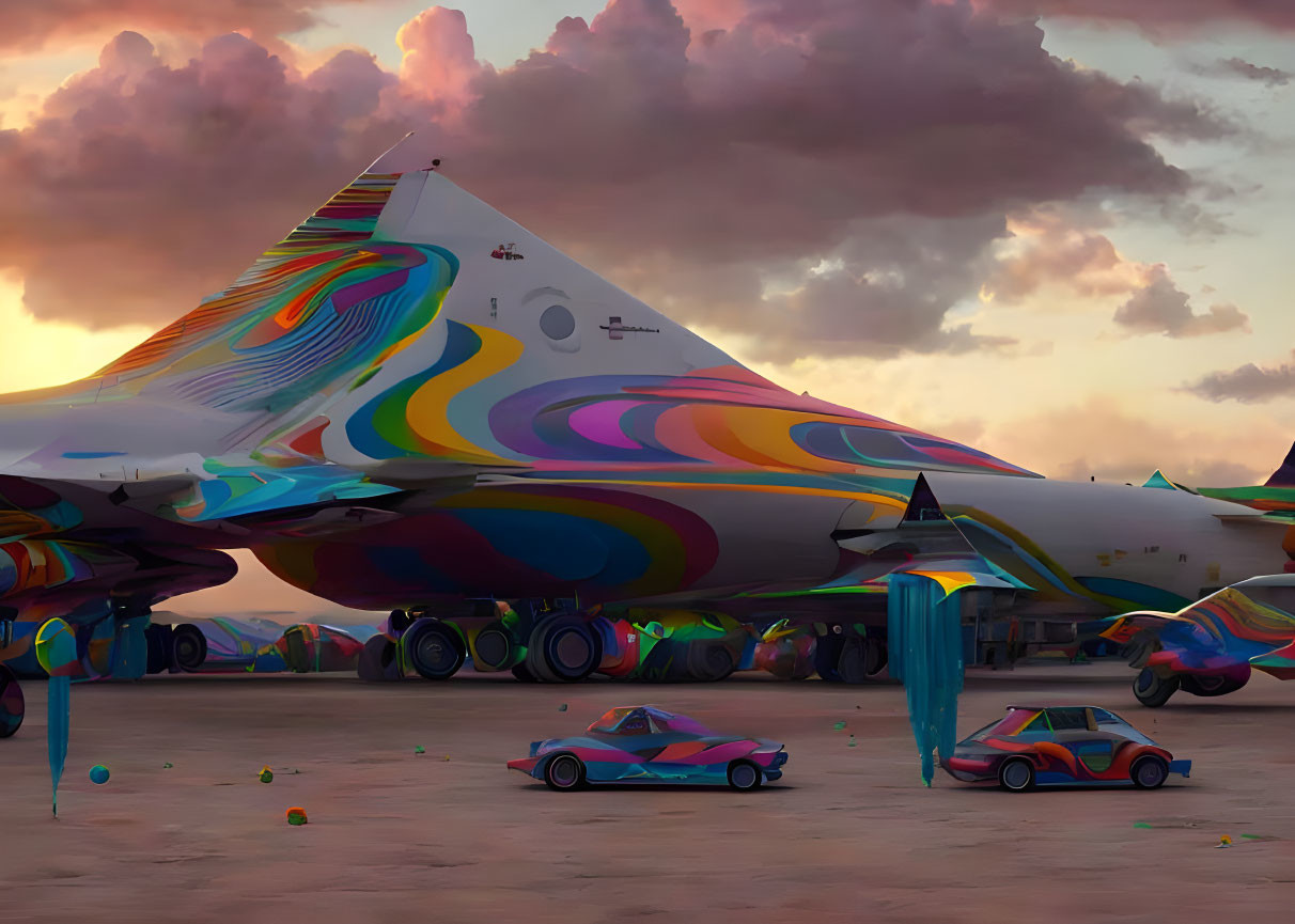 Vibrant, futuristic airplane with swirling patterns parked beside painted cars at sunset