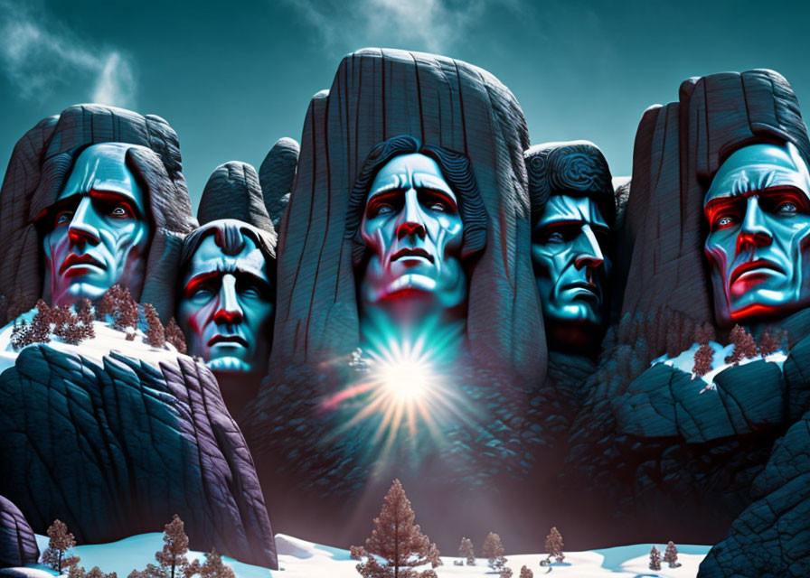 Mountain Range Transformed into Four Stone Faces with Sunburst