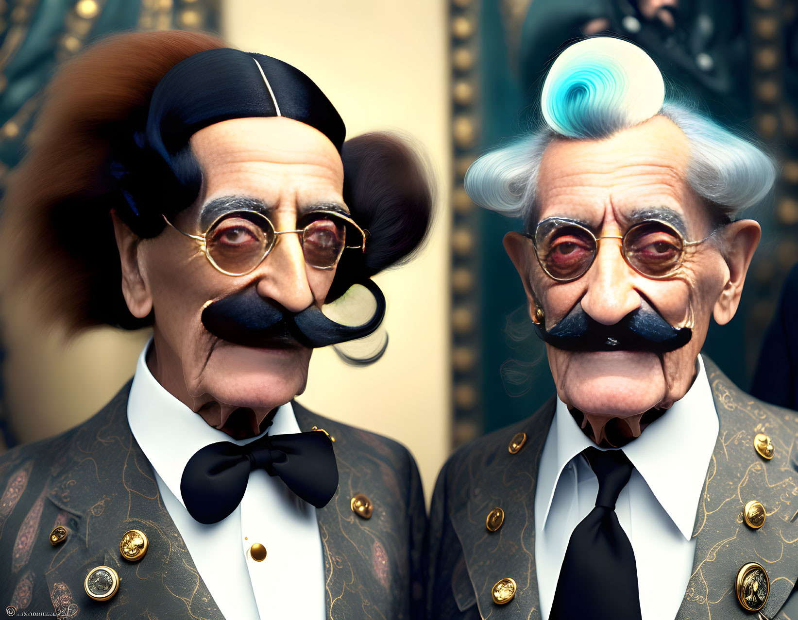 Colorful caricatured elderly gentlemen in ornate suits with stylish mustaches