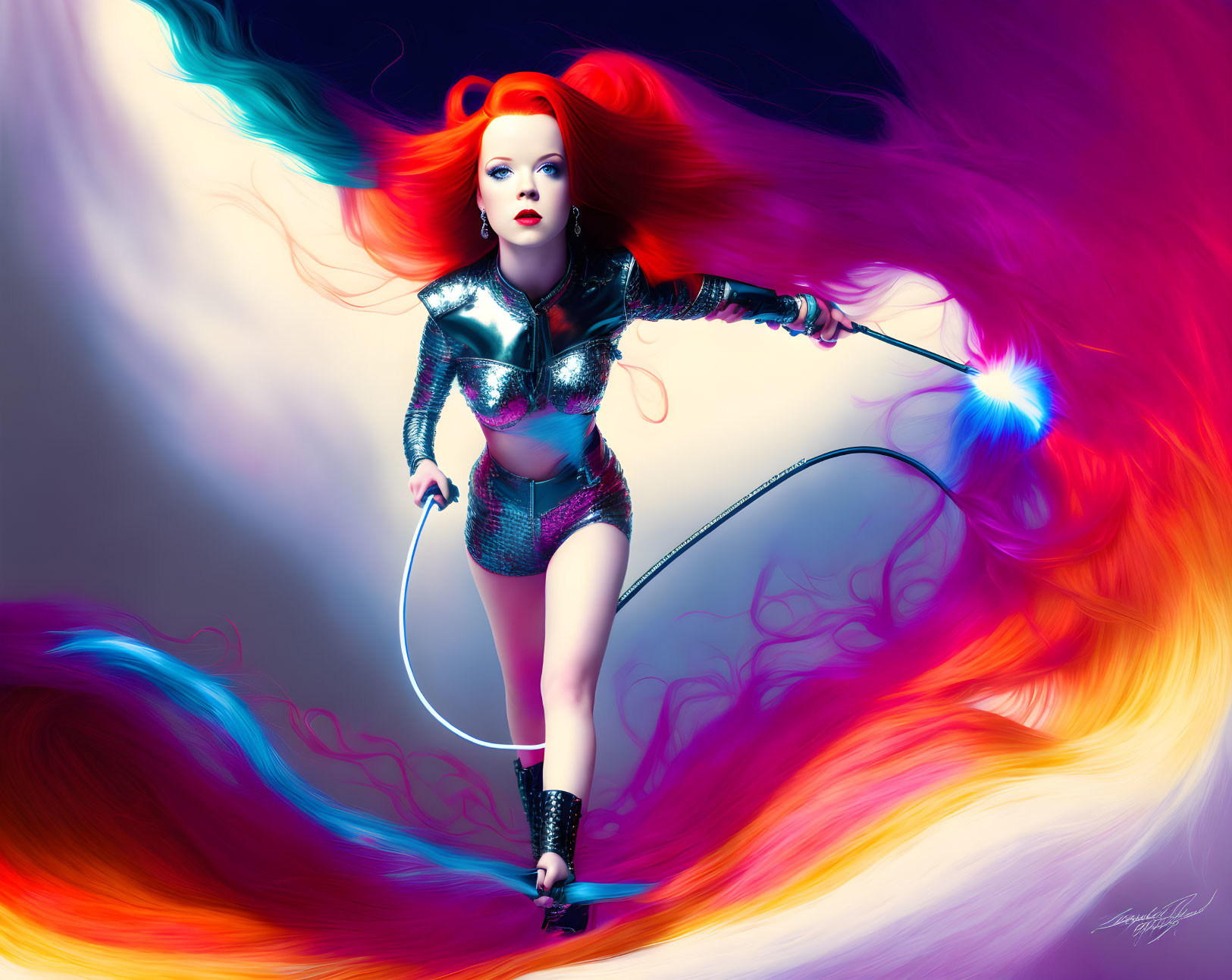 Futuristic woman with red hair in metallic outfit wields energy whip