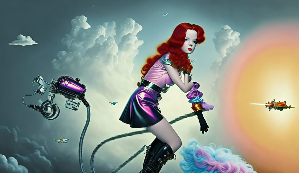 Surreal image: Red-haired woman in futuristic outfit with floating vacuum machine in whimsical sky