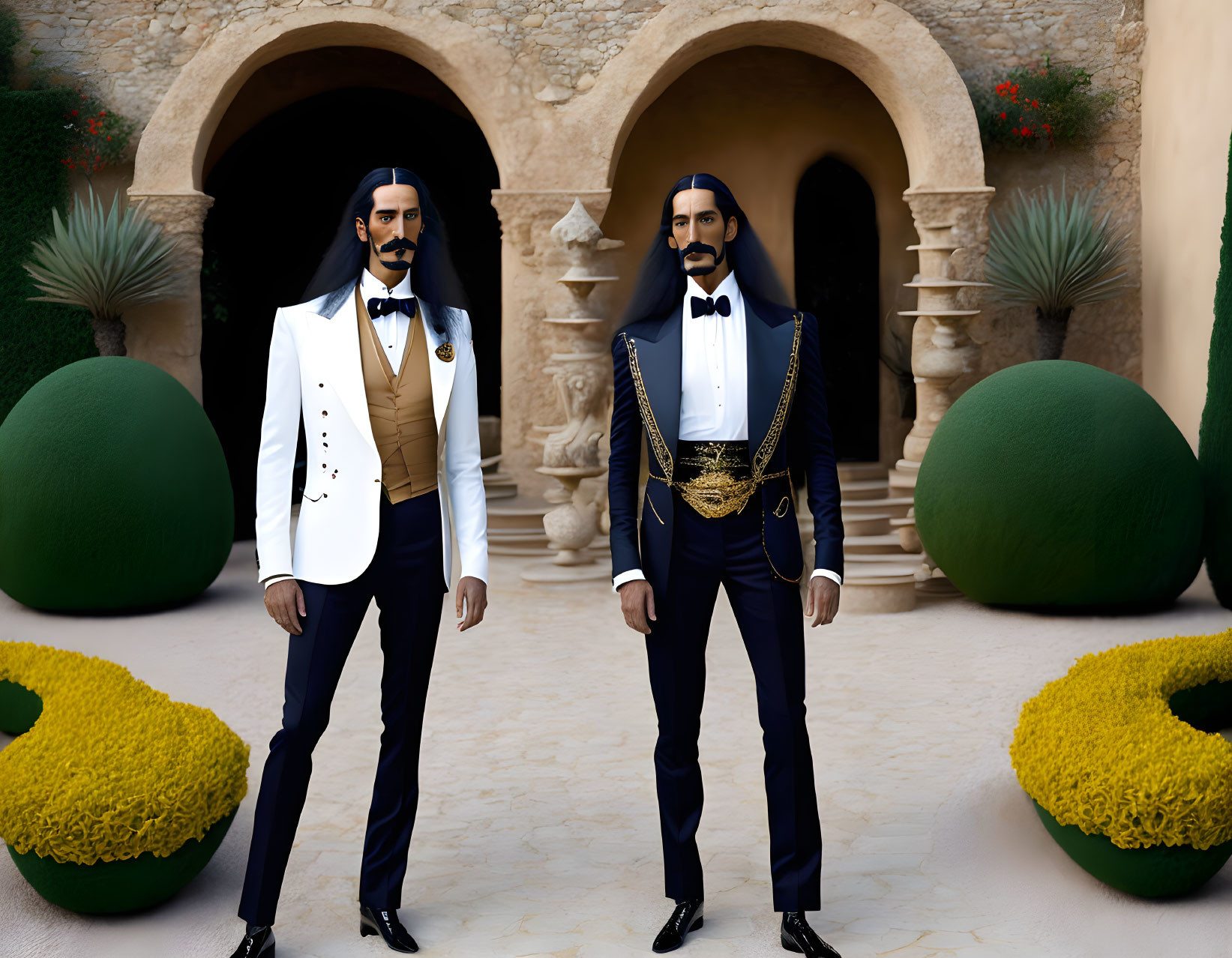 Two men in formal attire with beards and mustaches in front of a building with arches.