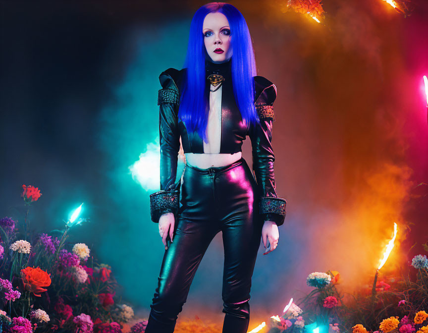 Blue-haired woman in black leather amid colorful smoke and flowers