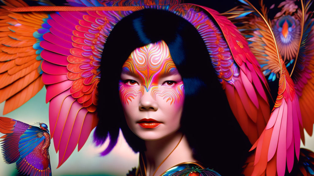 Colorful digital artwork: Woman with face paint and bird feathers, hummingbird included