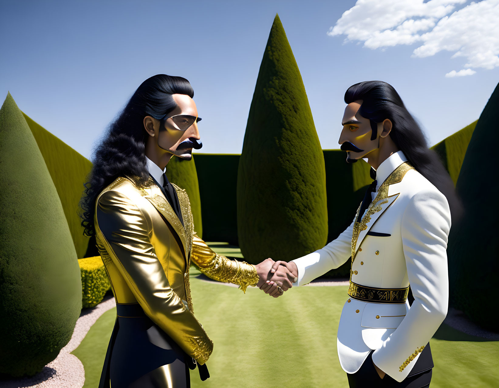 Stylized animated characters of historical figures shaking hands in a formal garden