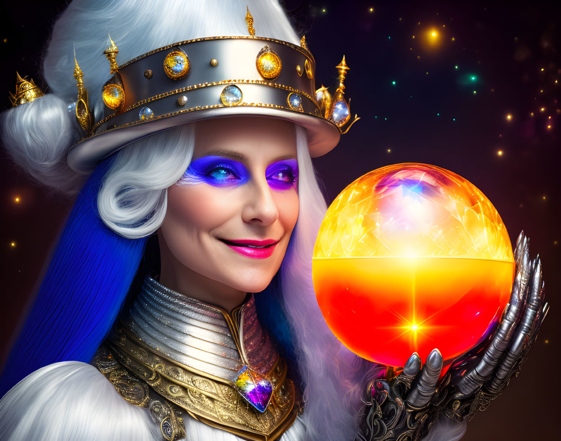 Whimsical female character with blue hair and vibrant makeup in regal white and gold costume holding glowing