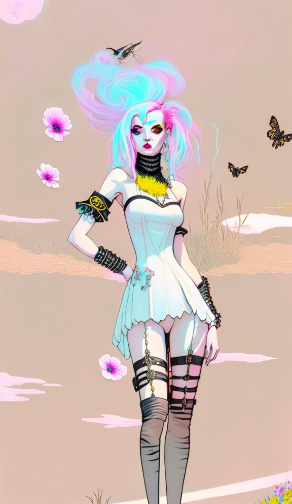 Illustration of woman with pastel hair, piercings, gothic attire surrounded by butterflies and