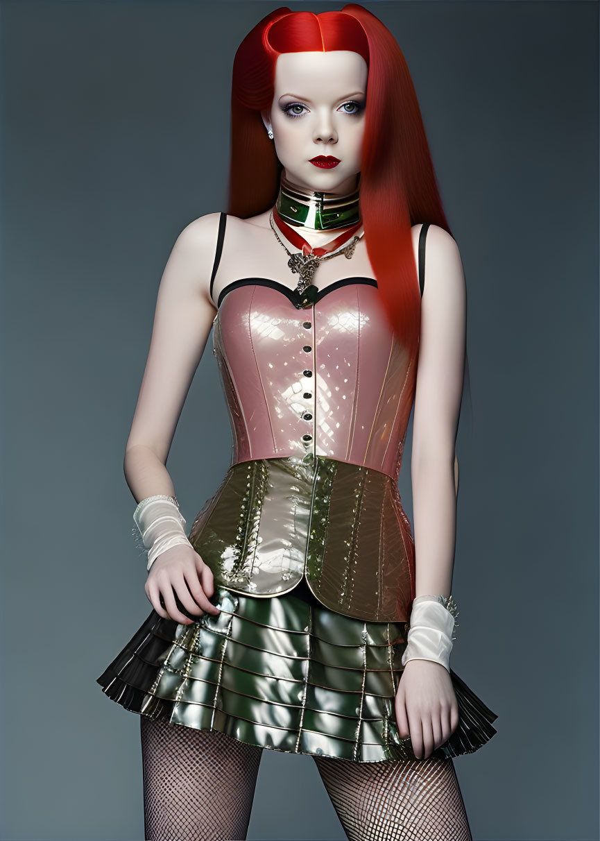Red-haired model in pink corset & metallic skirt on grey background