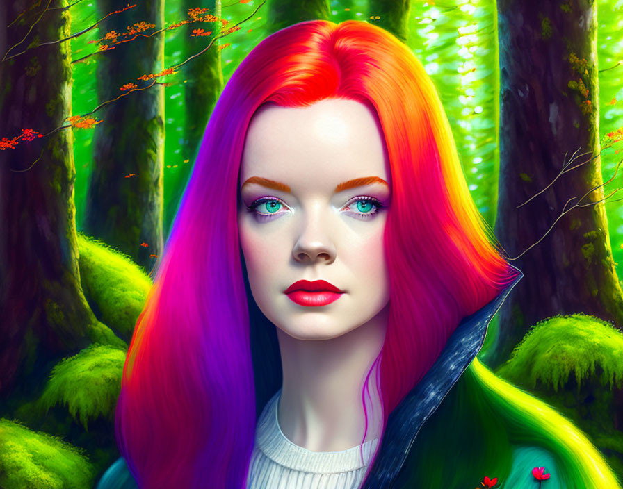 Colorful woman portrait in lush green forest with red and purple hair.