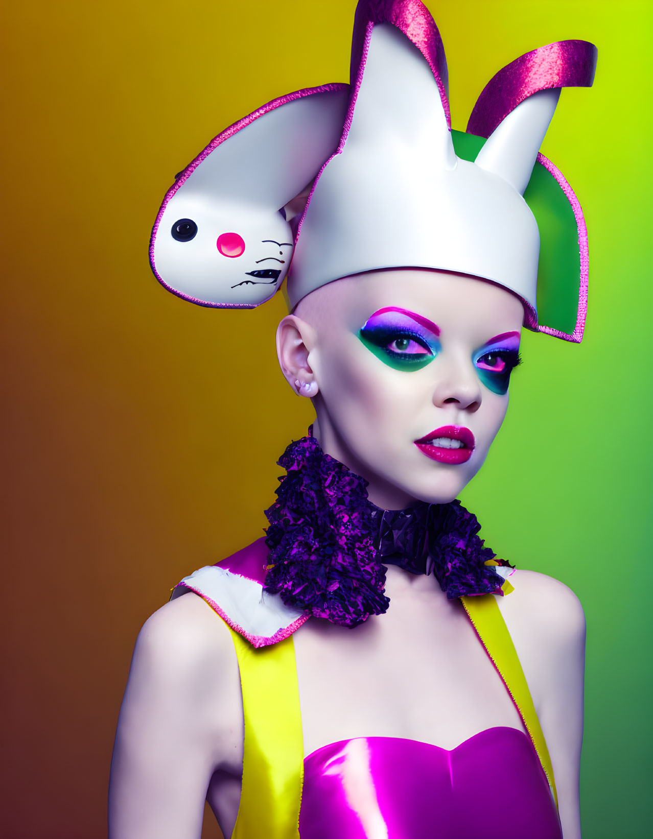 Person in dramatic makeup with white hat featuring pink bunny ears and rabbit face design